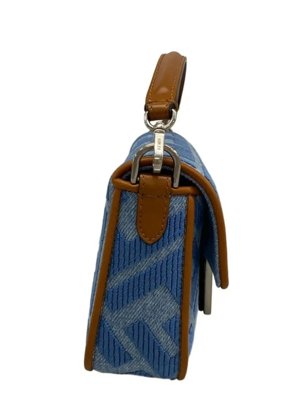 FENDI Baguette Mini 8BS017-AP4N Light Blue Brown Jacquard Leather Handbag